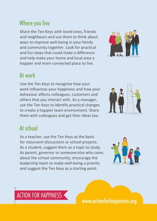 Use the Ten Keys to recognise how your
work influences your happiness and how your
behaviour affects colleagues, customers and
others that you interact with. As a manager,
use the Ten Keys to identify practical changes
to create a happier team environment. Share
them with colleagues and get their ideas too.
At work
Share the Ten Keys with loved ones, friends
and neighbours and use them to think about
ways to improve well-being in your family
and community together. Look for practical
and fun steps that could make a difference
and help make your home and local area a
happier and more connected place to live.
Where you live
As a teacher, use the Ten Keys as the basis
for classroom discussions or school projects.
As a student, suggest them as a topic to study.
As parent, governor or someone else who cares
about the school community, encourage the
leadership team to make well-being a priority
and suggest the Ten Keys as a starting point.
At school
 
