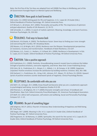 Note: the first five of the Ten Keys are adapted from nef (2008) Five Ways to Wellbeing, part of the
UK Government Foresight Report on Mental Capital and Wellbeing.
DIRECTION: Have goals to look forward to
[16] Locke, E.A. (2002) Setting goals for life and happiness. In S.J. Lopez & C.R.Snyder (Eds.).
Oxford Handbook of Positive Psychology. NY: Oxford University Press.
[17] Wrosch, C., & Scheier, M.F. (2003). Personality and quality of life: The importance of optimism
and goal adjustment. Quality of Life Research, 12, 59-72.
[18] Schneider, S. L. (2001). In search of realistic optimism: Meaning, knowledge, and warm fuzziness.
American Psychologist, 56, 250-263.
[19] Reivich, K & Shatté, A. (2003). The Resilience Factor: Seven keys to finding your inner strength
and overcoming life's hurdles. NY: Broadway Books.
[20] Masten, A.S, & Wright, M.O. (2010). Resilience over the lifespan: Developmental perspectives
on resistance, recovery and transformation. Handbook of Adult Resilience, 213-237.
[21] Masten, A.S., Cutuli, J.J., Herbers, J.E. & Reed, M.J. (2009). Resilience in Development. In Eds:
S.J. Lopez, & C.R. Snyder, Oxford Handbook of Positive Psychology. NY:Oxford University Press.
RESILIENCE: Find ways to bounce back
[22] Fredrickson, B. L. (2009). Positivity: Groundbreaking research reveals how to embrace the hidden
strength of positive emotions, overcome negativity, and thrive. New York: Crown Publishing Group.
[23] Cohn, M. A., Fredrickson, B. L., Brown, S. L., Mikels, J. A., & Conway, A. M. (2009). Happiness
unpacked: Positive emotions increase life satisfaction by building resilience. Emotion, 9(3), 361−368.
[24] Garland, E. L, Fredrickson, B.L., Kring, A.M., Johnson, D.P., Meyer, P.S. & Penn, D.L (2010). Upward
spirals of positive emotions counter downward spirals of negativity. Clinical Psychology Review.
EMOTION: Take a positive approach
[25] Ryff, C.D., & Singer, B.H. (2008), Know thyself and become what you are: a eudaimonic approach
to psychological well-being. Journal of Happiness Studies 9:13-39.
[26] Peterson, C., & Seligman, M. E. P. (2004).Character strengths and virtues: A handbook and
Classification. New York: Oxford University Press/Washington, DC: American Psychological Association.
[27] Neff, K.D. (2011) Self-compassion, self-esteem and wellbeing. Social and Personality Psychology
Compass 5/1: 1–12.
ACCEPTANCE: Be comfortable with who you are
[28] Seligman, M.E.P. (2011). Flourish: A Visionary New Understanding of Happiness and Well-being.
NY: Free Press.
[29] Stegar, M.F. (2009). Meaning in Life. In S.J. Lopez & C.R. Snyder (Eds.) Oxford Handbook of
Positive Psychology. NY: Oxford University Press.
[30] Pargament, K.I. & Mahoney, A. (2009). Spirituality: the search for the sacred. In S.J. Lopez & C.R.
Snyder (Eds.) Oxford Handbook of Positive Psychology. NY:Oxford University Press.
MEANING: Be part of something bigger
 