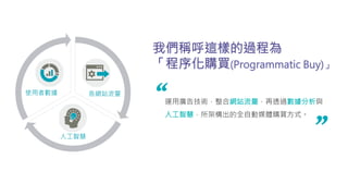 各網站流量
使用者數據
人工智慧
我們稱呼這樣的過程為
「程序化購買(Programmatic Buy)」
運用廣告技術，整合網站流量，再透過數據分析與
人工智慧，所架構出的全自動媒體購買方式。
 