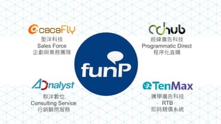 騰學廣告科技
RTB
即時競價系統
經緯廣告科技
Programmatic Direct
程序化直購
聖洋科技
Sales Force
企劃與業務團隊
群洋數位
Consulting Service
行銷顧問服務
 