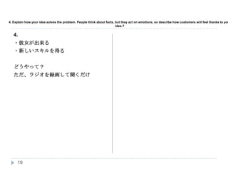 4. Explain how your idea solves the problem. People think about facts, but they act on emotions, so describe how customers will feel thanks to your idea.?4.?Ů?¤äɤäƣ饸h19