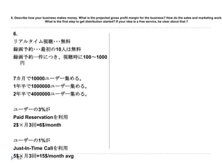 6. Describe how your business makes money. What is the projected gross profit margin for the business? How do the sales and marketing work. What is the first step to get distribution started? If your idea is a free service, be clear about that.?6.ꥢ륿ҕ???ohs???10ˤϟohsһˤĤҕr10010007¤10000``롣11000000``롣24000000``롣``3%Paid Reservation2$3=6$/month``1%Just-In-Time Call5$3=15$/month avg22