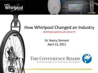 How Whirlpool Changed an Industry
                                                          And how women can drive it!


                                                             Dr. Nancy Tennant
                                                               April 13, 2011




              2011© All Rights Reserved. Based on the book Unleashing Innovation, Snyder & Duarte, 2008 Jossey Bass.
Blue Shield                                     Nancy_A_Tennant@whirlpool.com
 