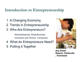 Introduction to Entrepreneurship
1 A Changing Economy
2 Trends in Entrepreneurship
3 Who Are Entrepreneurs?
Microenterprises, Small Business
Innovators and Venture Companies
4 What do Entrepreneurs Need?
5 Putting it Together
Any Sweet
Reason, Clarksville
, Tennessee
 