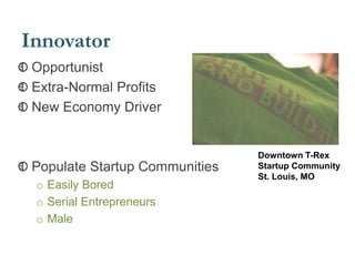 Innovator
Opportunist
Extra-Normal Profits
New Economy Driver
Populate Startup Communities
o Easily Bored
o Serial Entrepreneurs
o Male
Downtown T-Rex
Startup Community
St. Louis, MO
 