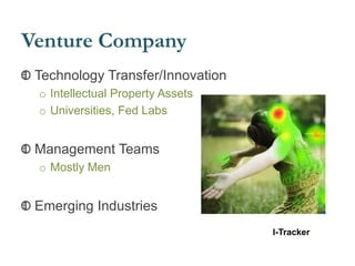 Venture Company
Technology Transfer/Innovation
o Intellectual Property Assets
o Universities, Fed Labs
Management Teams
o Mostly Men
Emerging Industries
I-Tracker
 