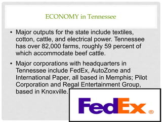 ECONOMY in Tennessee
● Major outputs for the state include textiles,
cotton, cattle, and electrical power. Tennessee
has over 82,000 farms, roughly 59 percent of
which accommodate beef cattle.
● Major corporations with headquarters in
Tennessee include FedEx, AutoZone and
International Paper, all based in Memphis; Pilot
Corporation and Regal Entertainment Group,
based in Knoxville.
 