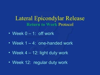 Lateral Epicondylar Release 
Return to Work Protocol 
• Week 0 – 1: off work 
• Week 1 – 4: one-handed work 
• Week 4 – 12: light duty work 
• Week 12: regular duty work 
 