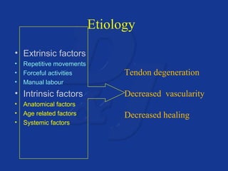 Etiology 
• Extrinsic factors 
• Repetitive movements 
• Forceful activities 
• Manual labour 
• Intrinsic factors 
• Anatomical factors 
• Age related factors 
• Systemic factors 
Tendon degeneration 
Decreased vascularity 
Decreased healing 
 