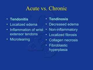 Acute vs. Chronic 
• Tendonitis 
• Localized edema 
• Inflammation of wrist 
extensor tendons 
• Microtearing 
• Tendinosis 
• Decreased edema 
• Non-inflammatory 
• Localized fibrosis 
• Collagen necrosis 
• Fibroblastic 
hyperplasia 
 