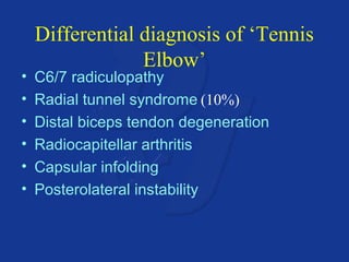 Differential diagnosis of ‘Tennis 
Elbow’ 
• C6/7 radiculopathy 
• Radial tunnel syndrome 
(10%) 
• Distal biceps tendon degeneration 
• Radiocapitellar arthritis 
• Capsular infolding 
• Posterolateral instability 
 