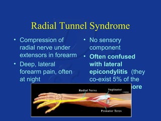 Radial Tunnel Syndrome 
• Compression of 
radial nerve under 
extensors in forearm 
• Deep, lateral 
forearm pain, often 
at night 
• No sensory 
component 
• Often confused 
with lateral 
epicondylitis (they 
co-exist 5% of the 
time) pain is more 
distal 
 