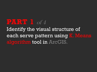 PART 1 of 4
Identify the visual structure of
each serve pattern using K. Means
algorithm tool in ArcGIS.
 