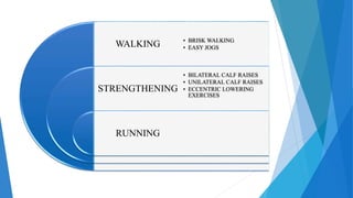 WALKING
STRENGTHENING
RUNNING
• BRISK WALKING
• EASY JOGS
• BILATERAL CALF RAISES
• UNILATERAL CALF RAISES
• ECCENTRIC LOWERING
EXERCISES
 