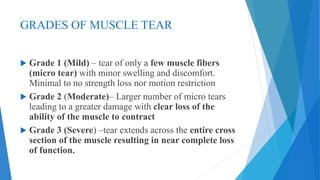 GRADES OF MUSCLE TEAR
 Grade 1 (Mild) – tear of only a few muscle fibers
(micro tear) with minor swelling and discomfort.
Minimal to no strength loss nor motion restriction
 Grade 2 (Moderate)– Larger number of micro tears
leading to a greater damage with clear loss of the
ability of the muscle to contract
 Grade 3 (Severe) –tear extends across the entire cross
section of the muscle resulting in near complete loss
of function.
 