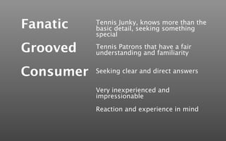 Fanatic    Tennis Junky, knows more than the
           basic detail, seeking something
           special

Grooved    Tennis Patrons that have a fair
           understanding and familiarity


Consumer   Seeking clear and direct answers

           Very inexperienced and
           impressionable

           Reaction and experience in mind
 