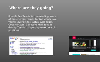 Where are they going?

Bumble Bee Tennis is commanding many
of these terms, results for top words take
you to several sites: Actual web pages,
Google Places. Collective Marketing is
driving Tennis passport up to top search
positions
 