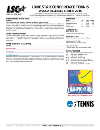 Integrity | Tradition | Academic Excellence | LONE STAR CONFERENCE | Community | Respect | Commitment
TENNIS PLAYER OF THE WEEK
WOMEN’S
Erika Larrera, Texas A&M University - Kingsville, SO, Ambato, Ecuador, Athenas
Larrea went 2-0 in singles matches and 1-1 in doubles as Texas A&M University-Kingsville upset No. 35 Cameron
University, 5-4, to earn its first ever LSC victory and followed with a win over a regionally-ranked Central
opponent, Southern Nazarene... Larrea won singles No. 6, 6-0, 6-0, on Friday and 6-0, 6-1, on Saturday... in
doubles No. 3, she and Paula Saenz blanked SNU, 8-0... Larrea is now 13-4 overall in singles matches this season
and 9-12 in doubles.
OTHER TOP PERFORMERS
	 Ariadna Cabezas-Marti, Tarleton State University, finished Wednesday’s match against East Central
undefeated as the freshman paired up with teammate Erika Richarme to win 9-7 in doubles play and returned
to the court for a 6-3, 6-1 win in singles play. Cabezas-Marti is 4-5 on the season in singles play and 10-1 in
doubles play.
NOTES (Submitted by LSC SID’s)
Cameron	
Midwestern State	
Tarleton State	
Texas A&M-Kingsville	
Texas A&M University-Kingsville improved to 12-10 overall and 1-1 in LSC play after upsetting No. 35 Cameron
University, 5-4, and defeating regionally-ranked Southern Nazarene, 5-4, Saturday... the Javelinas continue their
best season in school history at Trinity this week before concluding the regular season at home hosting Tarleton
State... four singles players have double-digit wins.
STANDINGS
School	 LSC	 CPct.	Streak
Midwestern State 	 1-0	 1.000	 W1
Texas A&M-Kingsville 	 1-1	 0.500	 W1
Cameron 	 0-1	 0.000	 L1
Tarleton State 	 0-0	 0.000	 ---
LSC SCHEDULE
Friday, April 10, 2015
*Cameron at Tarleton State, 1 p.m.
Tuesday, April 14, 2015
*Tarleton State at Midwestern State, 2:30 p.m.
Wednesday, April 15, 2015
*Midwestern State at Cameron, 2 p.m.
Friday, April 17, 2015
*Tarleton State at Texas A&M-Kingsville, 11 a.m.
WEEKLY AWARDS
F-18	 Madeline Schorlemmer, Midwestern State
F-25	 Paige Boykin, Midwestern State
M-5	 Angie Torres, Cameron
M-12	 Ellie Stevens, Tarleton State
M-19	 Mariaxi Herrera, Texas A&M - Kingsville
M-26	 Marija Dimitrovska, Texas A&M - Kingsville
A-2	 Angie Torres, Cameron (2)
A-9	 Erika Larrera, Texas A&M - Kingsville
LONE STAR CONFERENCE TENNIS
WEEKLY RELEASE | APRIL 9, 2015
Contact: Melanie Robotham | Assistant Commissioner | Office: 972-234-0033 x. 103 |
E-mail: melanie@lonestarconference.org | www.lonestarconference.org | Twitter: @LoneStarConf
April 24-25, 2015 | Lawton, Okla.
T E N N I S
 