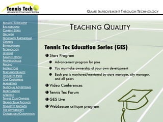GAME IMPROVEMENT THROUGH TECHNOLOGY

MISSION STATEMENT
BACKGROUND
CURRENT STATS
                                      TEACHING QUALITY
GROWTH
GOLFSMITH PARTNERSHIP
CENTERS
ENVIRONMENT
TECHNOLOGY               Tennis Tec Education Series (GES)
LESSONS
SAMPLE LESSON             Stars Program
PROFESSIONALS
                             Advancement program for pros
PRICING
INSTRUCTORS                  You must take ownership of your own development
TEACHING QUALITY
TENNISTEC PROS               Each pro is monitored/mentored by store manager, city manager,
OUR CUSTOMERS                and all peers
MARKETING
NATIONAL ADVERTISING
                          Video Conferences
MERCHANDISE
                          Tennis Tec Forum
G-WORLD
TENNIS CLUB OWNERS        GES Live
GRAND SLAM PACKAGE
TENNISTEC GROWTH          WebLesson critique program
THE OPPORTUNITY
CHALLENGES/COMPETITION
 