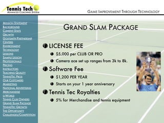 GAME IMPROVEMENT THROUGH TECHNOLOGY

MISSION STATEMENT
BACKGROUND
CURRENT STATS
                               GRAND SLAM PACKAGE
GROWTH
GOLFSMITH PARTNERSHIP
CENTERS
ENVIRONMENT              LICENSE FEE
TECHNOLOGY
LESSONS                    $5,000 per CLUB OR PRO
SAMPLE LESSON
PROFESSIONALS              Camera ace set up ranges from 3k to 8k.
PRICING
INSTRUCTORS
TEACHING QUALITY
                         Software Fee
TENNISTEC PROS             $1,200 PER YEAR
OUR CUSTOMERS
MARKETING                  Starts on your 1 year anniversary
NATIONAL ADVERTISING
MERCHANDISE
G-WORLD
                         Tennis Tec Royalties
TENNIS CLUB OWNERS         5% for Merchandise and tennis equipment
GRAND SLAM PACKAGE
TENNISTEC GROWTH
THE OPPORTUNITY
CHALLENGES/COMPETITION
 