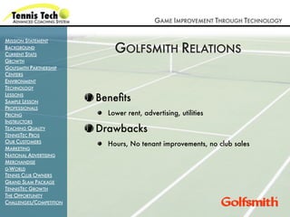 GAME IMPROVEMENT THROUGH TECHNOLOGY

MISSION STATEMENT
BACKGROUND
CURRENT STATS
                             GOLFSMITH RELATIONS
GROWTH
GOLFSMITH PARTNERSHIP
CENTERS
ENVIRONMENT
TECHNOLOGY
LESSONS
SAMPLE LESSON            Beneﬁts
PROFESSIONALS
PRICING                    Lower rent, advertising, utilities
INSTRUCTORS
TEACHING QUALITY
TENNISTEC PROS
                         Drawbacks
OUR CUSTOMERS
                           Hours, No tenant improvements, no club sales
MARKETING
NATIONAL ADVERTISING
MERCHANDISE
G-WORLD
TENNIS CLUB OWNERS
GRAND SLAM PACKAGE
TENNISTEC GROWTH
THE OPPORTUNITY
CHALLENGES/COMPETITION
 