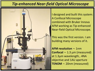 Tip-enhanced Near-field Optical Microscope
I designed and built this system:
A Confocal Microscope
combined with Bruker Innova
AFM working as Tip-enhanced
Near-field Optical Microscope.
This was the first version. I am
building many versions of it.
AFM resolution ~ 1nm
Confocal ~ 1.3 µm (measured)
at 1.3µm wavelength, .4NA
objective and 1AU aperture
TENOM ~ 20nm (measured)
 