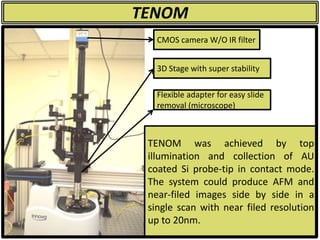 TENOM
TENOM was achieved by top
illumination and collection of AU
coated Si probe-tip in contact mode.
The system could produce AFM and
near-filed images side by side in a
single scan with near filed resolution
up to 20nm.
CMOS camera W/O IR filter
3D Stage with super stability
Flexible adapter for easy slide
removal (microscope)