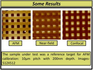 Some Results
AFM Near-field Confocal
The sample under test was a reference target for AFM
calibration: 10µm pitch with 200nm depth. Images-
512X512