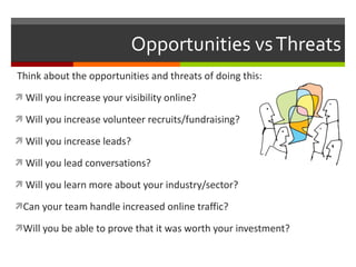 Opportunities vs Threats Think about the opportunities and threats of doing this: Will you increase your visibility online? Will you increase volunteer recruits/fundraising? Will you increase leads? Will you lead conversations? Will you learn more about your industry/sector? Can your team handle increased online traffic? Will you be able to prove that it was worth your investment? 