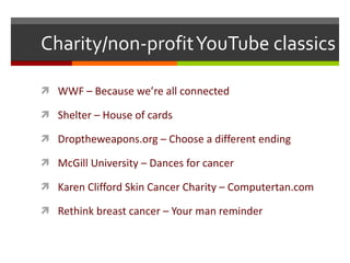 Charity/non-profit YouTube classics WWF – Because we ’ re all connected  Shelter – House of cards Droptheweapons.org – Choose a different ending McGill University – Dances for cancer Karen Clifford Skin Cancer Charity – Computertan.com Rethink breast cancer – Your man reminder 