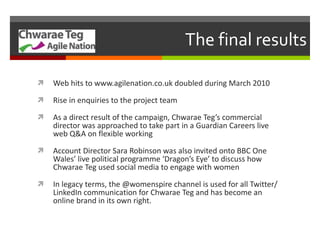 The final results Web hits to www.agilenation.co.uk doubled during March 2010 Rise in enquiries to the project team As a direct result of the campaign, Chwarae Teg’s commercial director was approached to take part in a Guardian Careers live web Q&A on flexible working Account Director Sara Robinson was also invited onto BBC One Wales’ live political programme ‘Dragon’s Eye’ to discuss how Chwarae Teg used social media to engage with women In legacy terms, the @womenspire channel is used for all Twitter/LinkedIn communication for Chwarae Teg and has become an online brand in its own right.  