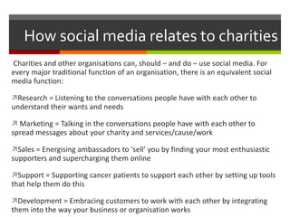 How social media relates to charities Charities and other organisations can, should – and do – use social media. For every major traditional function of an organisation, there is an equivalent social media function: Research = Listening to the conversations people have with each other to understand their wants and needs Marketing = Talking in the conversations people have with each other to spread messages about your charity and services/cause/work Sales = Energising ambassadors to ‘sell’ you by finding your most enthusiastic supporters and supercharging them online Support = Supporting cancer patients to support each other by setting up tools that help them do this  Development = Embracing customers to work with each other by integrating them into the way your business or organisation works 