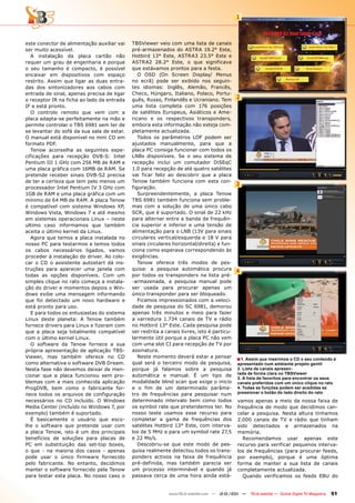 1



este conector de alimentação auxiliar vai   TBSViewer veio com uma lista de canais
ser muito acessível.                        pré-armazenados do ASTRA 19.2° Este,
   A instalação da placa cartão não         Hotbird 13° Este, ASTRA3 23.5° Este e
requer um grau de engenharia e porque       ASTRA2 28.2° Este, o que significava
o seu tamanho é compacto, é possível        que estávamos prontos para a festa.
encaixar em dispositivos com espaço            O OSD (On Screen Display/ Menus
restrito. Assim que ligar as duas entra-    no ecrã) pode ser exibido nos seguin-
das dos sintonizadores aos cabos com        tes idiomas: Inglês, Alemão, Francês,
entrada de sinal, apenas precisa de ligar   Checo, Húngaro, Italiano, Polaco, Portu-
o receptor IR na ficha ao lado da entrada   guês, Russo, Finlandês e Ucraniano. Tem         2
IF e está pronto.                           uma lista completa com 176 posições
   O controlo remoto que vem com a          de satélites Europeus, Asiáticos e Ame-
placa adapta-se perfeitamente na mão e      ricano e os respectivos transponders,
permite controlar o TBS 6981 sem ter de     embora esta informação não esteja com-
se levantar do sofá da sua sala de estar.   pletamente actualizada.
O manual está disponível no mini CD em         Todos os parâmetros LOF podem ser
formato PDF.                                ajustados manualmente, para que a
   Tenow aconselha as seguintes espe-       placa PC consiga funcionar com todos os
cificações para recepção DVB-S: Intel       LNBs disponíveis. Se o seu sistema de
Pentium III 1 GHz com 256 MB de RAM e       recepção inclui um comutador DiSEqC
uma placa gráfica com 16MB de RAM. Se       1.0 para recepção de até quatro satélites
pretende receber sinais DVB-S2 precisa      vai ficar feliz ao descobrir que a placa
de ter a certeza que tem pelo menos um      Tenow também funciona com esta con-
                                                                                            3
processador Intel Pentium IV 3 GHz com      figuração.
1GB de RAM e uma placa gráfica com um          Surpreendentemente, a placa Tenow
mínimo de 64 MB de RAM. A placa Tenow       TBS 6981 também funciona sem proble-
é compatível com sistema Windows XP,        mas com a solução de uma único cabo
Windows Vista, Windows 7 e até mesmo        SCR, que é suportado. O sinal de 22 kHz
em sistemas operacionais Linux – neste      para alternar entre a banda de frequên-
ultimo caso informamos que também           cia superior e inferior e uma tensão de
aceita o último kernel da Linux.            alimentação para o LNB (13V para sinais
   Agora que temos a placa instalada no     circulares vertical/esquerda e 18 V para
nosso PC para testarmos e temos todos       sinais circulares horizontal/direita) e fun-
os cabos necessários ligados, vamos         ciona como esperava correspondendo às
proceder à instalação do driver. Ao colo-   exigências.
car o CD o assistente autostart dá ins-        Tenow oferece três modos de pes-
truções para aparecer uma janela com        quisa: a pesquisa automática procura
                                                                                            4
todas as opções disponíveis. Com um         por todos os transponders na lista pré-
simples clique no rato começa a instala-    -armazenada, a pesquisa manual pode
ção do driver e momentos depois o Win-      ser usada para procurar apenas um
dows exibe uma mensagem informando          único transponder para ser bloqueado.
que foi detectado um novo hardware e           Ficamos impressionados com a veloci-
está pronto para uso.                       dade de pesquisa do SC 6981, demorou
   E para todos os entusiastas do sistema   apenas três minutos e meio para fazer
Linux deste planeta: A Tenow também         a varredura 1.734 canais de TV e rádio
fornece drivers para Linux e fizeram com    no Hotbird 13° Este. Cada pesquisa pode
que a placa seja totalmente compatível      ser restrita a canais livres, isto é particu-
com o último kernel Linux.                  larmente útil porque a placa PC não vem
   O software da Tenow fornece a sua        com uma slot CI para recepção de TV por
própria apresentação de aplicação TBS-      assinatura.
Viewer, mas também oferece no CD               Neste momento deverá estar a pensar
                                                                                            ■ 1. Assim que inserimos o CD o seu conteúdo é
como alternativa o software DVB Dream.      qual será o terceiro modo de pesquisa,          apresentado num ambiente projeto gentil
Nesta fase não devemos deixar de men-       porque já falamos sobre a pesquisa              2. Lista de canais apresen-
                                                                                            tada de forma clara no TBSViewer
cionar que a placa funcionou sem pro-       automática e manual. É um tipo de
                                                                                            3. A lista de favoritos para encontrar os seus
blemas com a mais conhecida aplicação       modalidade blind scan que exige o inicio        canais preferidos com um único clique no rato
ProgDVB, bem como o fabricante for-         e o fim de um determinado parâme-               4. Todas as funções podem ser acedidas se
nece todos os arquivos de configuração      tro de frequências para pesquisar num           pressionar o botão do lado direito do rato
necessários no CD incluído. O Windows       determinado intervalo bem como todos            vamos apenas a meio da nossa faixa de
Media Center (incluído no Windows 7, por    os symbol rate que pretendemos ter. No          frequência de modo que decidimos can-
exemplo) também é suportado.                nosso teste usamos esse recurso para            celar a pesquisa. Nesta altura tínhamos
   É basicamente o usuário que esco-        completar a gama de frequências dos             2.000 canais de TV e rádio que tinham
lhe o software que pretende usar com        satélites Hotbird 13° Este, com interva-        sido detectados e armazenados na
a placa Tenow, isto é um dos principais     los de 5 MHz e para um symbol rate 27,5         memória.
benefícios de soluções para placas de       e 22 Ms/s.                                        Recomendamos usar apenas este
PC em substituição das set-top boxes,          Descobriu-se que este modo de pes-           recurso para verificar pequenos interva-
o que - na maioria dos casos - apenas       quisa realmente detectou todos os trans-        los de frequências (para procurar feeds,
pode usar o único firmware fornecido        ponders activos na faixa de frequência          por exemplo), porque é uma óptima
pelo fabricante. No entanto, decidimos      pré-definida, mas também parecia ser            forma de manter a sua lista de canais
manter o software fornecido pela Tenow      um processo interminável e quando já            completamente actualizada.
para testar esta placa. No nosso caso o     passava cerca de uma hora ainda está-             Quando verificamos os feeds EBU do


                                                            www.TELE-satellite.com — 12-01/201 —
                                                                                             1     TELE-satellite — Global Digital TV Magazine   51
 