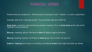 PHRASAL VERBS
Phrasal verbs are usually two – Word phrases consisting of verb + adverb + or verb+ preposition.
Example: add up to / meaning: equal/ Your purchases add up to $205.32
Break down : meaning: stop functioning (vehicle, machine). Our car broke down at the side of the
highway in the snowstorm.
Blow up: meaning: add air. We have to blow 50 balloons up for the party.
Back up: meaning: reverse. You'll have to back up your car so that I can get out.
break in: meaning: force entry to a building. Somebody broke in last night and stole our stereo.
 