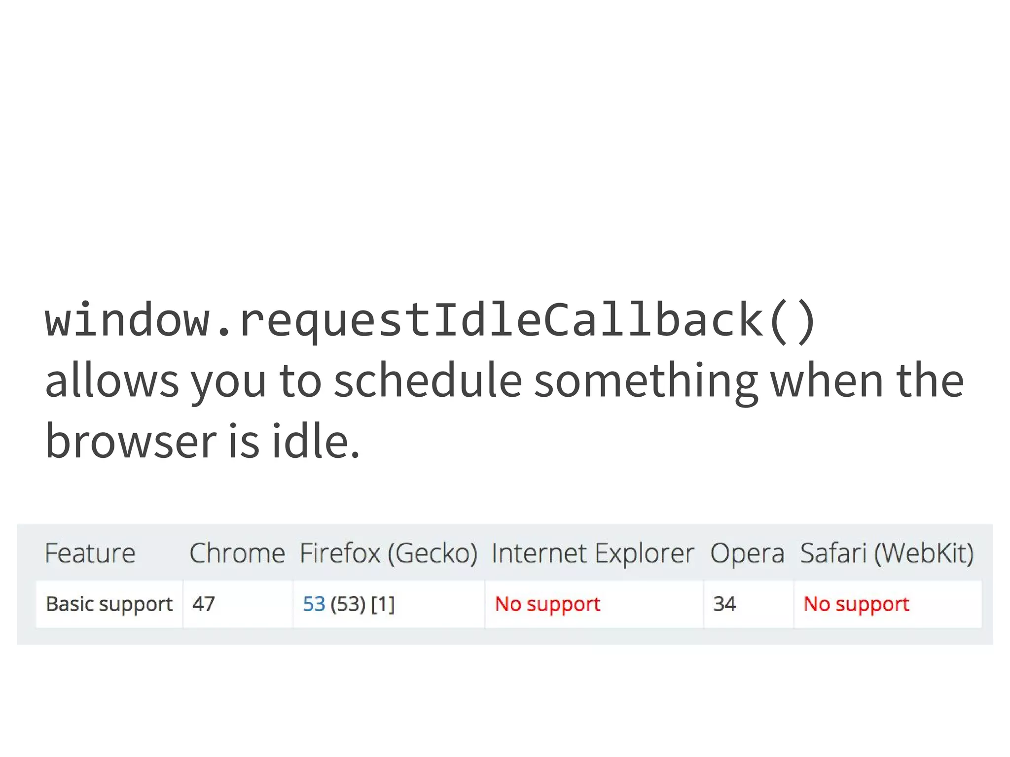 window.requestIdleCallback()
allows you to schedule something when the
browser is idle.
 