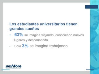 Los estudiantes universitarios tienen
grandes sueños
• 63% se imagina viajando, conociendo nuevos
lugares y descansando
• Sólo 3% se imagina trabajando
 