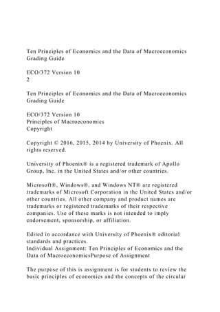 Ten Principles of Economics and the Data of Macroeconomics
Grading Guide
ECO/372 Version 10
2
Ten Principles of Economics and the Data of Macroeconomics
Grading Guide
ECO/372 Version 10
Principles of Macroeconomics
Copyright
Copyright © 2016, 2015, 2014 by University of Phoenix. All
rights reserved.
University of Phoenix® is a registered trademark of Apollo
Group, Inc. in the United States and/or other countries.
Microsoft®, Windows®, and Windows NT® are registered
trademarks of Microsoft Corporation in the United States and/or
other countries. All other company and product names are
trademarks or registered trademarks of their respective
companies. Use of these marks is not intended to imply
endorsement, sponsorship, or affiliation.
Edited in accordance with University of Phoenix® editorial
standards and practices.
Individual Assignment: Ten Principles of Economics and the
Data of MacroeconomicsPurpose of Assignment
The purpose of this is assignment is for students to review the
basic principles of economics and the concepts of the circular
 