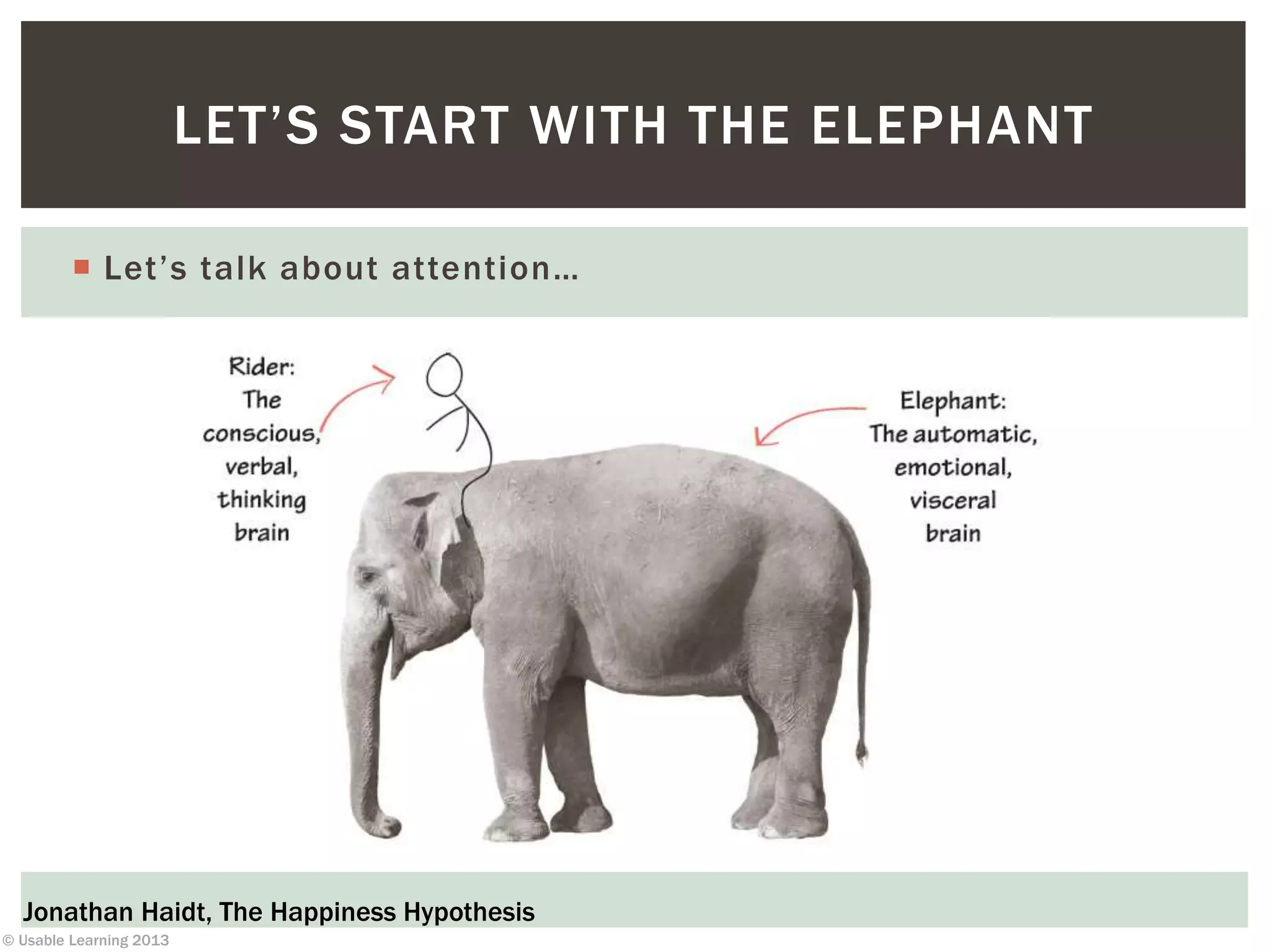 © Usable Learning 2013
 Let’s talk about attention…
LET’S START WITH THE ELEPHANT
Jonathan Haidt, The Happiness Hypothesis
 