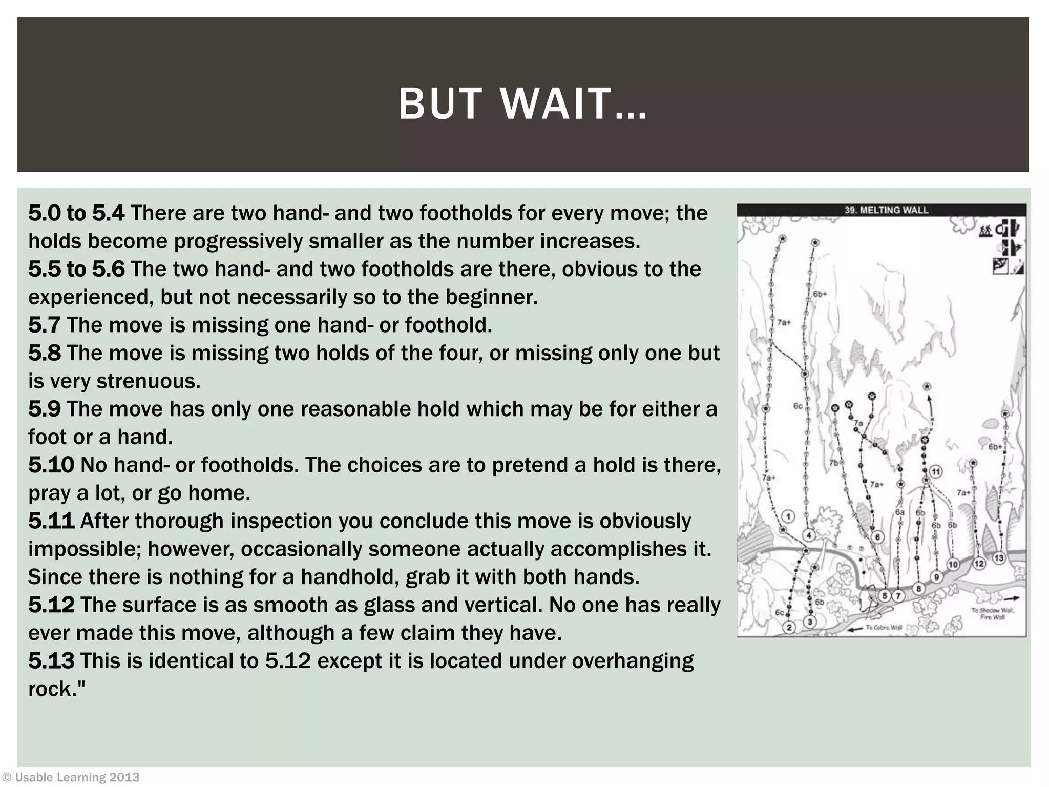 © Usable Learning 2013
BUT WAIT…
5.0 to 5.4 There are two hand- and two footholds for every move; the
holds become progressively smaller as the number increases.
5.5 to 5.6 The two hand- and two footholds are there, obvious to the
experienced, but not necessarily so to the beginner.
5.7 The move is missing one hand- or foothold.
5.8 The move is missing two holds of the four, or missing only one but
is very strenuous.
5.9 The move has only one reasonable hold which may be for either a
foot or a hand.
5.10 No hand- or footholds. The choices are to pretend a hold is there,
pray a lot, or go home.
5.11 After thorough inspection you conclude this move is obviously
impossible; however, occasionally someone actually accomplishes it.
Since there is nothing for a handhold, grab it with both hands.
5.12 The surface is as smooth as glass and vertical. No one has really
ever made this move, although a few claim they have.
5.13 This is identical to 5.12 except it is located under overhanging
rock."
 