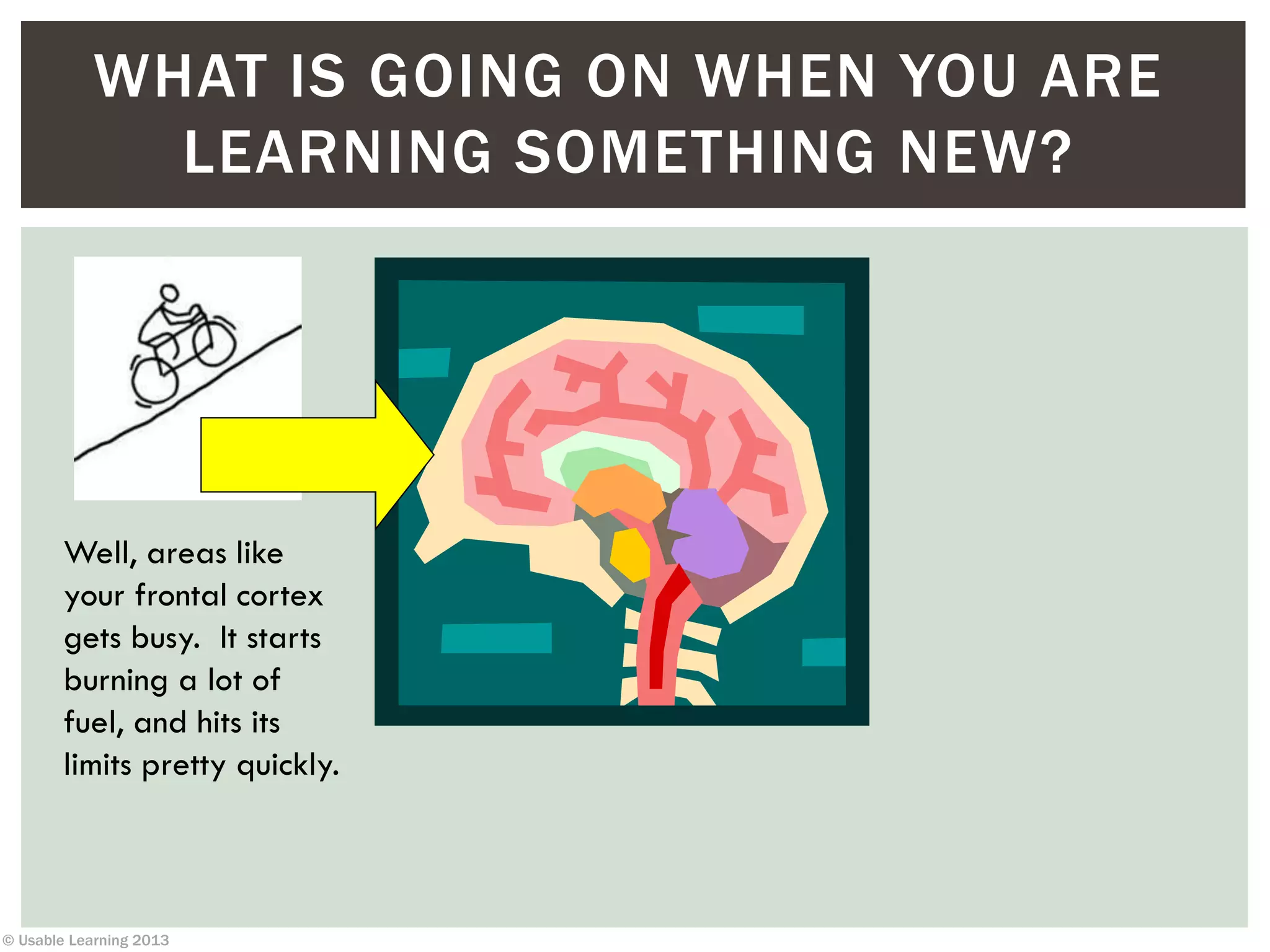 © Usable Learning 2013
WHAT IS GOING ON WHEN YOU ARE
LEARNING SOMETHING NEW?
Well, areas like
your frontal cortex
gets busy. It starts
burning a lot of
fuel, and hits its
limits pretty quickly.
 