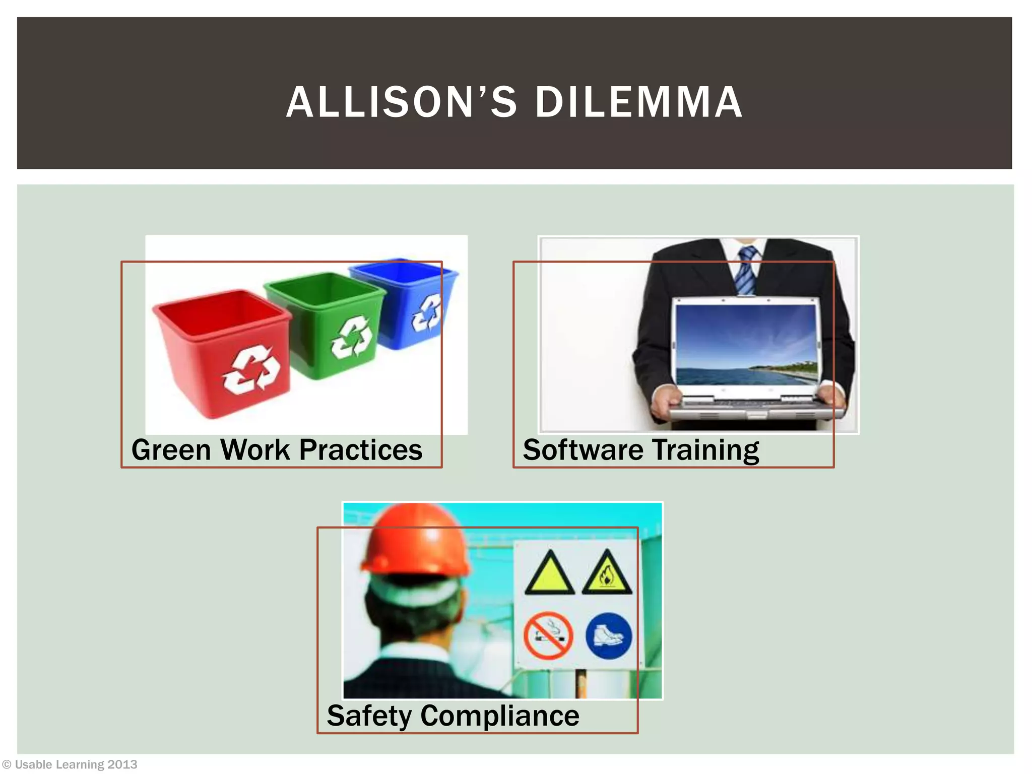 © Usable Learning 2013
Green Work Practices Software Training
Safety Compliance
ALLISON’S DILEMMA
 