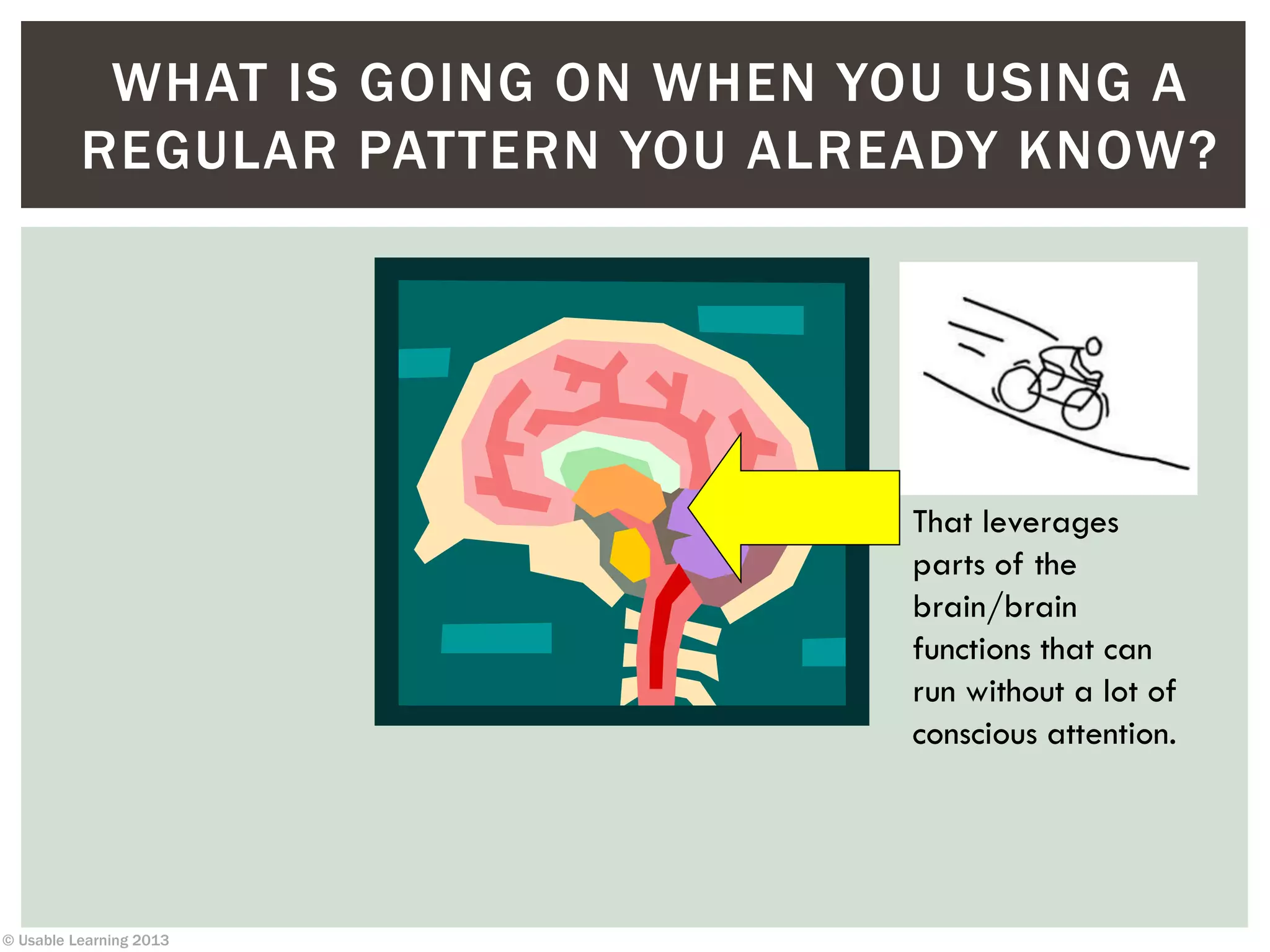 © Usable Learning 2013
WHAT IS GOING ON WHEN YOU USING A
REGULAR PATTERN YOU ALREADY KNOW?
That leverages
parts of the
brain/brain
functions that can
run without a lot of
conscious attention.
 