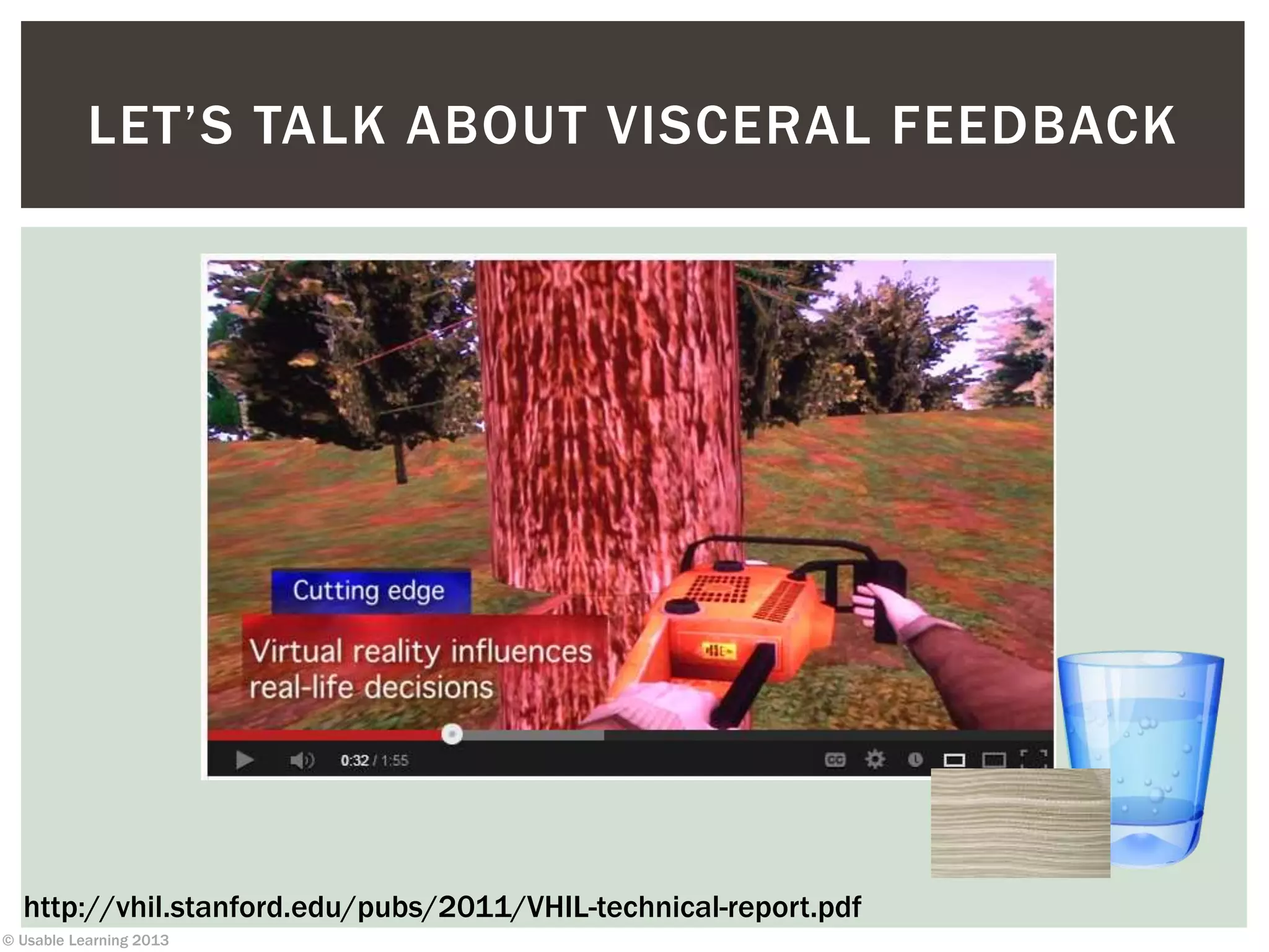 © Usable Learning 2013
LET’S TALK ABOUT VISCERAL FEEDBACK
http://vhil.stanford.edu/pubs/2011/VHIL-technical-report.pdf
 