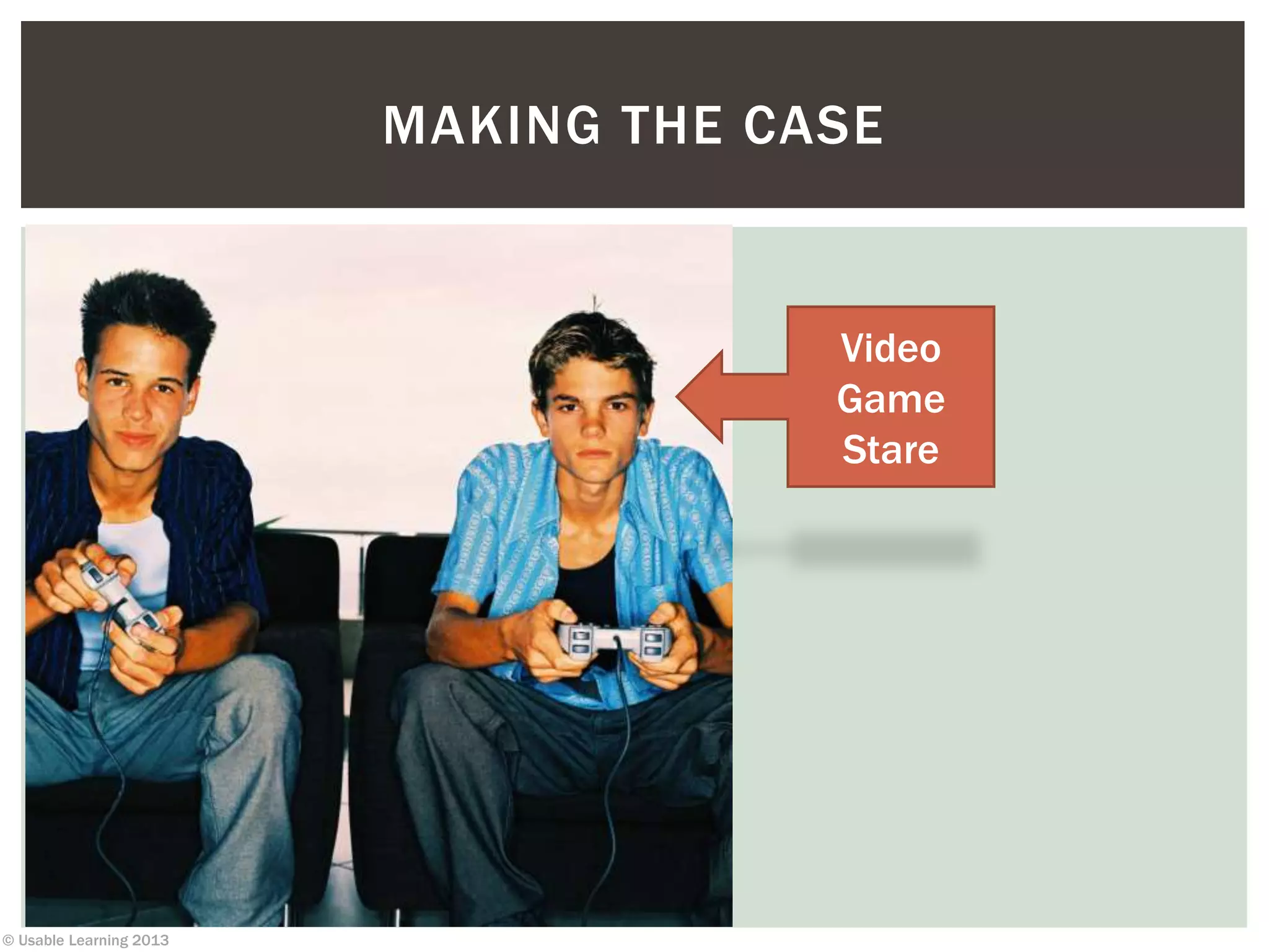 © Usable Learning 2013
MAKING THE CASE
Video
Game
Stare
 