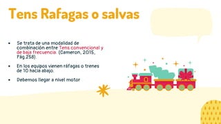 Se trata de una modalidad de
combinación entre Tens convencional y
de baja frecuencia. (Cameron, 2015,
Pág.258).
En los equipos vienen ráfagas o trenes
de 10 hacia abajo.
Debemos llegar a nivel motor
Tens Rafagas o salvas
 