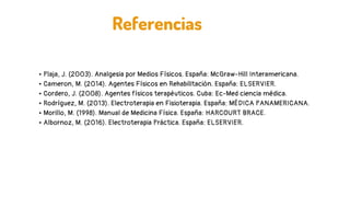 • Plaja, J. (2003). Analgesia por Medios Físicos. España: McGraw-Hill Interamericana.
• Cameron, M. (2014). Agentes Físicos en Rehabilitación. España: ELSERVIER.
• Cordero, J. (2008). Agentes físicos terapéuticos. Cuba: Ec-Med ciencia médica.
• Rodríguez, M. (2013). Electroterapia en Fisioterapia. España: MÉDICA PANAMERICANA.
• Morillo, M. (1998). Manual de Medicina Física. España: HARCOURT BRACE.
• Albornoz, M. (2016). Electroterapia Práctica. España: ELSERVIER.
Referencias
 