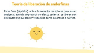 Endorfinas (péptidos) actuarán sobre los receptores que causan
analgesia, además de producir un efecto sedante , se liberan con
estímulos que pueden ser traducidos como dolorosos o fuertes.
Teoría de liberación de endorfinas
 