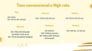 50-200 hz
100-1000µs nervios
80-150hz [250-500µs]
inflamación
Rodriguez
60-100 hz a 2-50 µs
Martinez
Tens convencional o High rate
80-110hz [50-80µs]ab
50-80hz a 150 µs ad
60-110 hz excelente analgesia
Albornoz
•80-100hz
•60-120 hz [40-200µs]
Plaja
•100- 150 hz [50-80 µs ]
Cameron
•50-150 hz [40-20 µs ]
Cordero
 