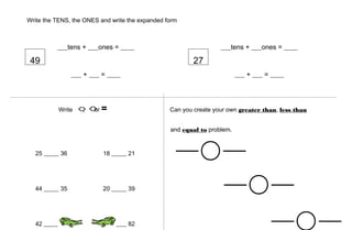 Write the TENS, the ONES and write the expanded form
Write , or = Can you create your own greater than, less than
and equal to problem.
49
___tens + ___ones = ____
___ + ___ = ____
27
___tens + ___ones = ____
___ + ___ = ____
25 _____ 36 18 _____ 21
44 _____ 35 20 _____ 39
42 _____ 38 28 _____ 82
 