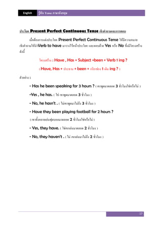 English รู้ทัน Tense ภาษาอังกฤษ
17
ประโยค Present Perfect Continuous Tense เชิงคาถามและการตอบ
เมื่อต้องการแต่งประโยค Present Perfect Continuous Tense ให้มีความหมาย
เชิงคําถามให้นําVerb to have มาวางไว้หน้าประโยค และตอบด้วย Yes หรือ No ซึ่งมีโครงสร้าง
ดังนี้
โครงสร้าง : Have , Has + Subject +been + Verb 1 ing ?
( Have, Has + ประธาน + been + กริยาช่อง 1 เติม ing ? )
ตัวอย่าง :
- Has he been speaking for 3 hours ? ( เขาพูดมาตลอด 3 ชั่วโมงใช่หรือไม่ )
-Yes , he has. ( ใช่ เขาพูดมาตลอด 3 ชั่วโมง )
- No, he hasn’t . ( ไม่เขาพูดมาไม่ถึง 3 ชั่วโมง )
- Have they been playing football for 2 hours ?
( เขาทั้งหลายเล่นฟุตบอลมาตลอด 2 ชั่วโมงใช่หรือไม่ )
- Yes, they have. ( ใช่เขาเล่นมาตลอด 2 ชั่วโมง )
- No, they haven’t . ( ไม่ เขาเล่นมาไม่ถึง 2 ชั่วโมง )
 